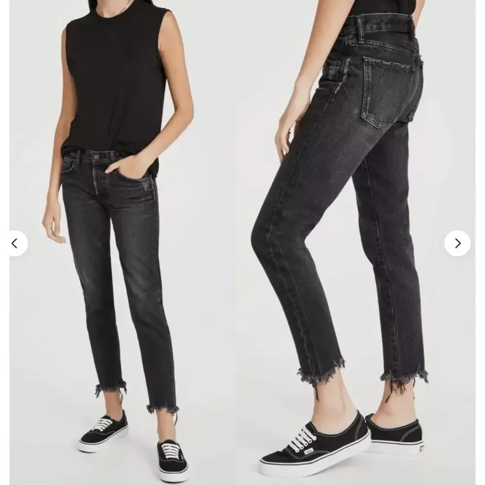 Moussy Vintage 27 Distressed Black Staley Tapered Jeans Button Fly Cotton Fray
